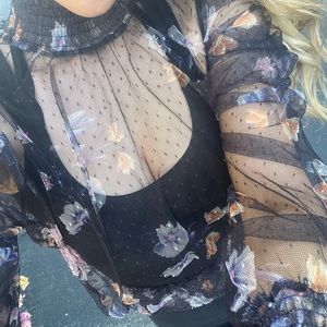 Floral tulle turtle neck top sheer